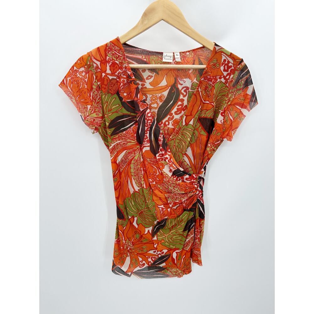 Johnny Heaven Womens Orange Tropical Asian Novelty Top‎ Size XL Mesh Artsy